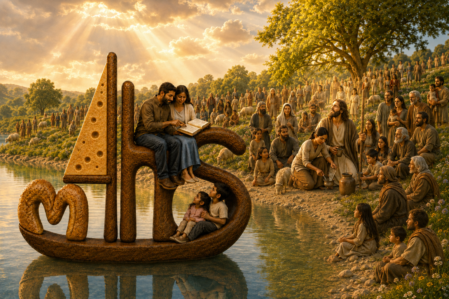 Families gathered beside living water, hearing and feeding upon the Word of God
